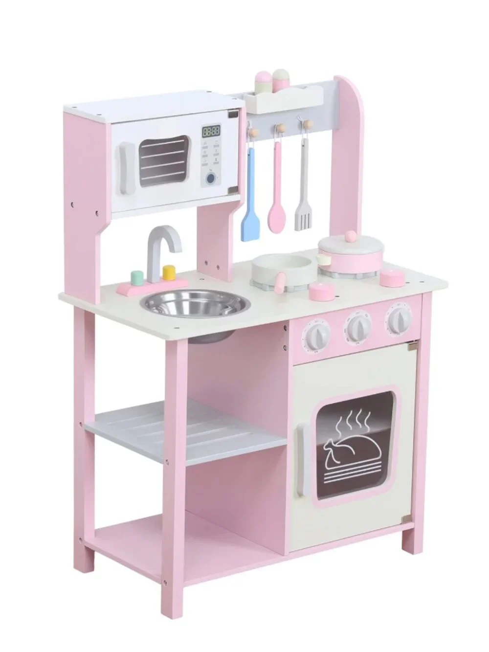 Kids Wooden Play Kitchen Set, Pink Pretend Cooking Toy with Accessories - Picture 8 of 16